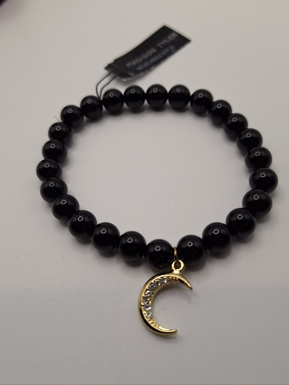 Madison Tyler Black Beaded Bracelet Crescent Moon Gold Charm Celestial Stretch